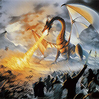 Immagine che racconta gli eventi del terzo ciclo di Moregan descritti nel Khal-Valàn: Samaelen, nella sua incarnazione di drago dal respiro di fiamma, fa scempio degli eserciti delle Tre Stirpi.