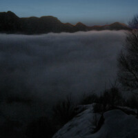 Immagine del [[Vallone della Tranquillità]], scena notturna con fitta nebbia.